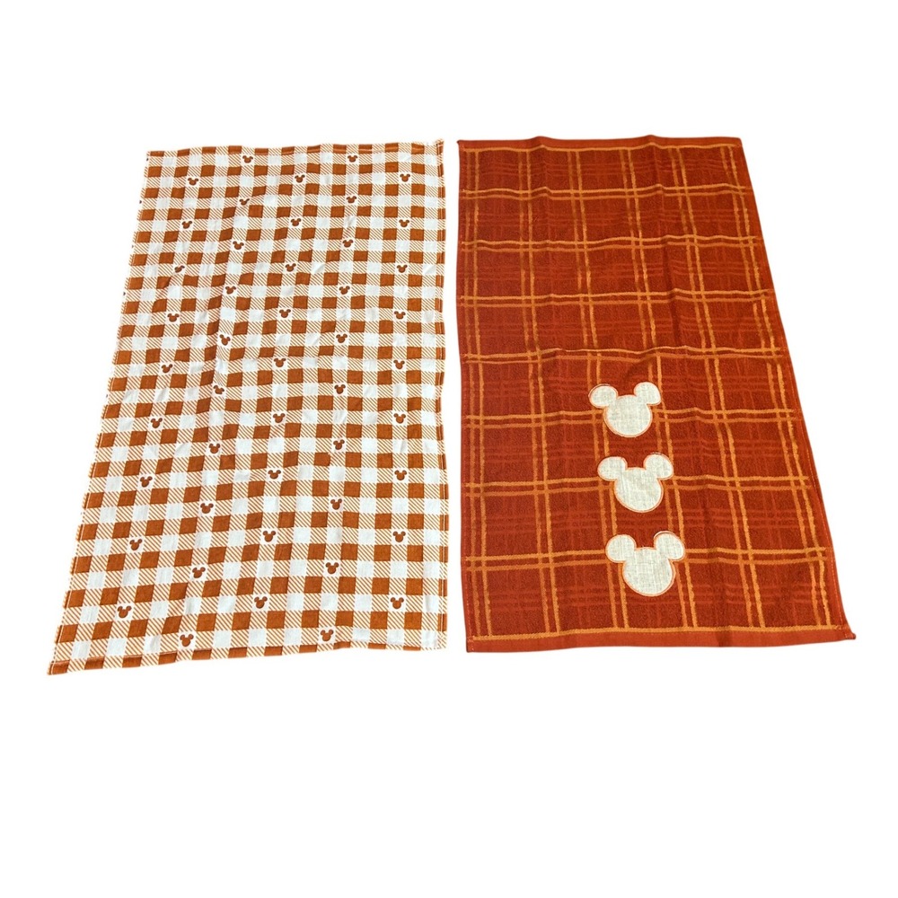 Disney Mickey Mouse Kitchen Towels Set of 2 Burnt Orange Plaid Checkered